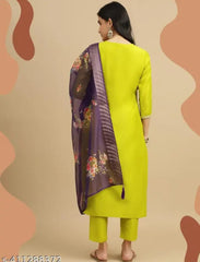 Embroidered Lime Green Kurta Set with Printed Dupatta