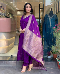 Royal Purple Silk Kurti Set with Embroidered Dupatta