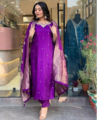 Royal Purple Silk Kurti Set with Embroidered Dupatta