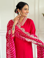 Festive red straight suit set featuring scalloped border bandhej dupatta
