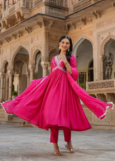 Flared Anarkali Kurta Set with Embroidered Yoke & Dupatta