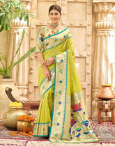 Elegant Lime Green Silk Saree with Golden Zari & Floral Weaving