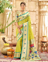Elegant Lime Green Silk Saree with Golden Zari & Floral Weaving