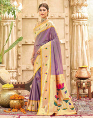 Elegant Lime Green Silk Saree with Golden Zari & Floral Weaving