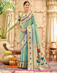 Elegant Lime Green Silk Saree with Golden Zari & Floral Weaving