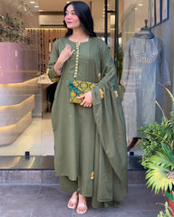 Olive Green Straight Kurta Set with Embroidered Dupatta