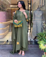 Olive Green Straight Kurta Set with Embroidered Dupatta