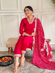 Festive red straight suit set featuring scalloped border bandhej dupatta