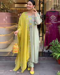 Pastel Green Kurti Set with Yellow Embroidered Dupatta