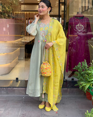 Pastel Green Kurti Set with Yellow Embroidered Dupatta