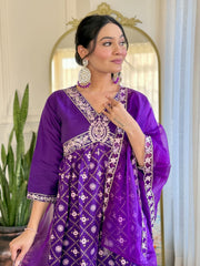 Charming purple embroidered kurta suit with matching dupatta and pants