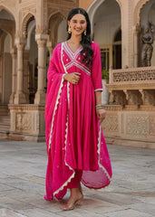 Flared Anarkali Kurta Set with Embroidered Yoke & Dupatta
