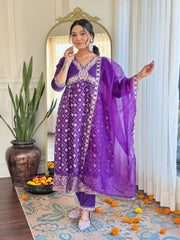 Charming purple embroidered kurta suit with matching dupatta and pants