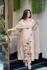 Graceful embroidered ethnic wear in soft pastel with sheer dupatta