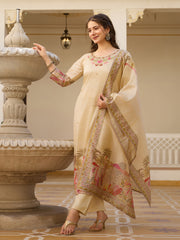 Elegant Beige Embroidered Suit Set with Printed Dupatta