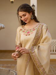 Elegant Beige Embroidered Suit Set with Printed Dupatta