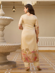 Elegant Beige Embroidered Suit Set with Printed Dupatta