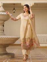 Elegant Beige Embroidered Suit Set with Printed Dupatta