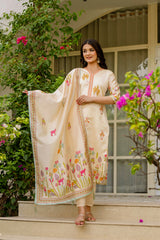 Ivory Kurta Set with Colorful Floral & Animal Motif Dupatta