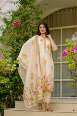 Ivory Kurta Set with Colorful Floral & Animal Motif Dupatta