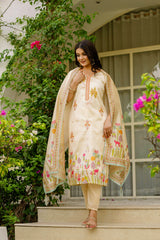 Ivory Kurta Set with Colorful Floral & Animal Motif Dupatta
