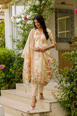 Ivory Kurta Set with Colorful Floral & Animal Motif Dupatta