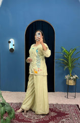 Elegant Cream Co-ord Set with Peacock & Deer Embroidery Detailing