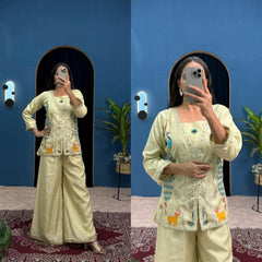 Elegant Cream Co-ord Set with Peacock & Deer Embroidery Detailing