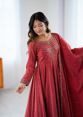 Elegant Maroon Anarkali Set with Embroidered Dupatta