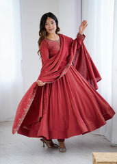 Elegant Maroon Anarkali Set with Embroidered Dupatta