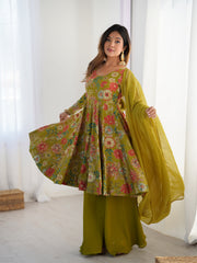 Olive Green Floral Anarkali with Palazzo and Dupatta
