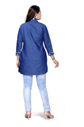 Pintex Top Women’s Stylish Denim Kurti Top with Embroidered Collar & Cuffs
