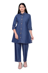 Denim Blue Shirt Style Top & Straight Pants Co-Ord Set