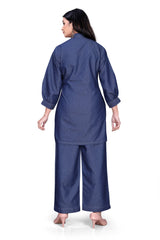 Denim Blue V-Neck Top & Wide-Leg Pants Co-Ord Set