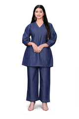 Denim Blue V-Neck Top & Wide-Leg Pants Co-Ord Set