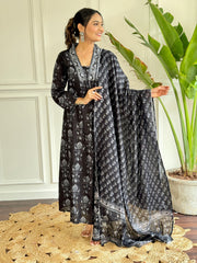 Black & Silver Handblock Printed Flared Suit with Dupatta