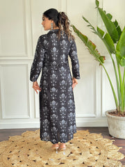 Black & Silver Handblock Printed Flared Suit with Dupatta