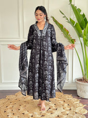 Black & Silver Handblock Printed Flared Suit with Dupatta