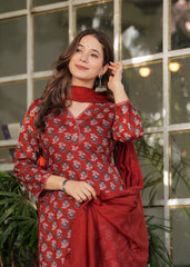 Block Print Straight Kurta with Pants & Dupatta