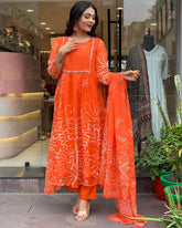 Women’s Bright Orange Floral Printed Anarkali Kurta Set with Dupatta