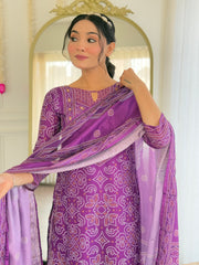 Royal Purple Bandhej Mirror Work Suit Set with Dupatta