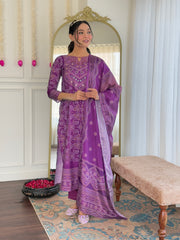 Royal Purple Bandhej Mirror Work Suit Set with Dupatta
