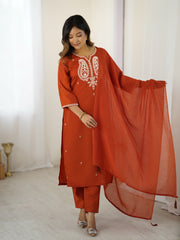 Rust embroidered kurta pant set with dupatta for festive wear