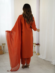 Rust embroidered kurta pant set with dupatta for festive wear