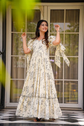 Elegant Ivory Floral Print Gown with Puff Sleeves