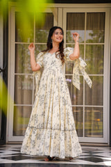 Elegant Ivory Floral Print Gown with Puff Sleeves