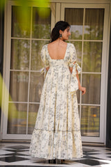 Elegant Ivory Floral Print Gown with Puff Sleeves