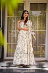 Elegant Ivory Floral Print Gown with Puff Sleeves