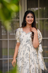 Elegant Ivory Floral Print Gown with Puff Sleeves