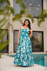Tropical Teal & White Floral Maxi Dress